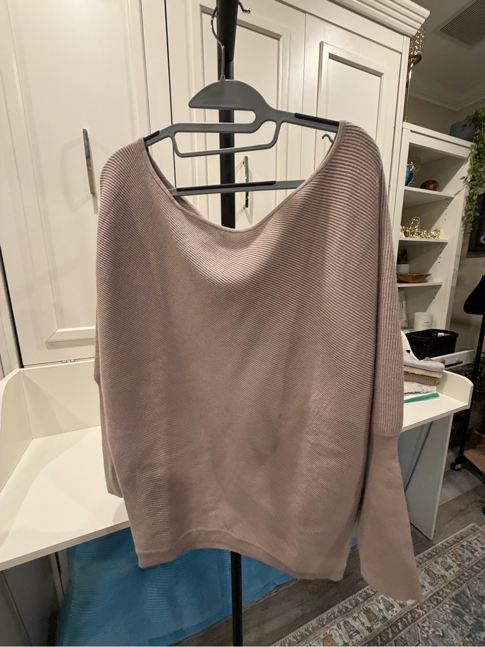 Off Shoulder Boxy Ribbed Knit Women's Sweater - Dusty Rose